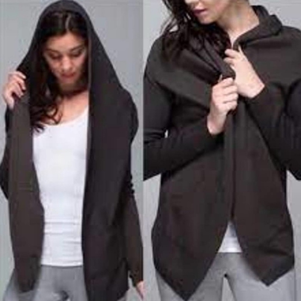 Lululemon Cabin Yogi Wrap Open Cardigan Hooded Reversible Gray Black Sweater S/M